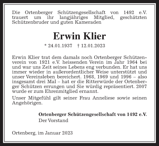 Traueranzeige von Erwin Klier von Kreis-Anzeiger