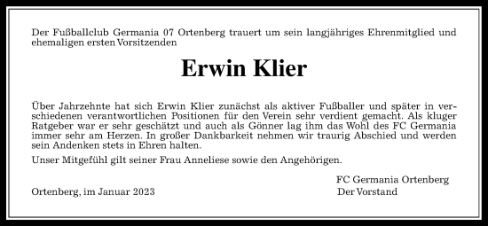 Traueranzeige von Erwin Klier von Kreis-Anzeiger