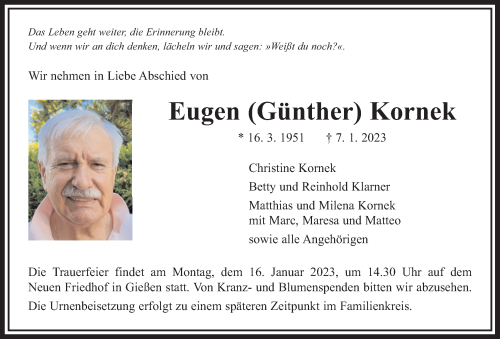  Traueranzeige für Eugen Kornek vom 14.01.2023 aus Giessener Allgemeine, Alsfelder Allgemeine, Giessener Anzeiger