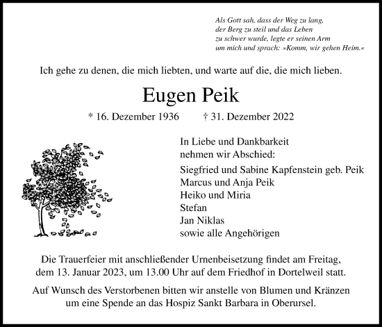 Traueranzeige von Eugen Peik von Bad Vilbel/Karben