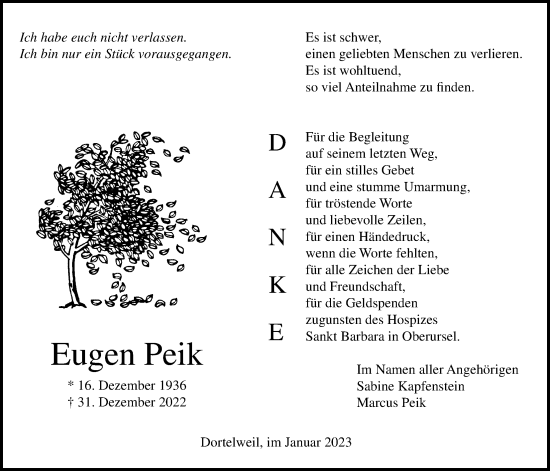 Traueranzeige von Eugen Peik von Bad Vilbel/Karben