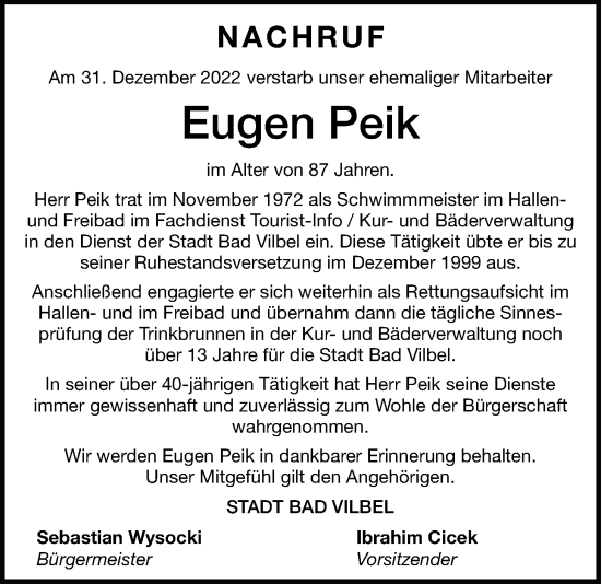 Traueranzeige von Eugen Peik von Bad Vilbel/Karben