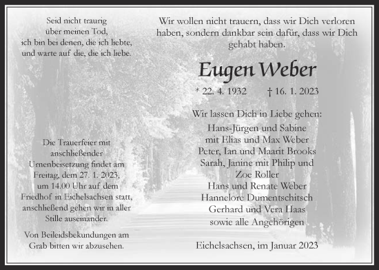 Traueranzeige von Eugen Weber von Kreis-Anzeiger
