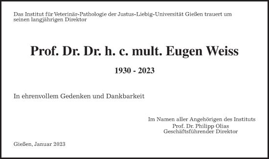 Traueranzeige von Eugen Weiss von Giessener Allgemeine, Alsfelder Allgemeine, Wetterauer Zeitung
