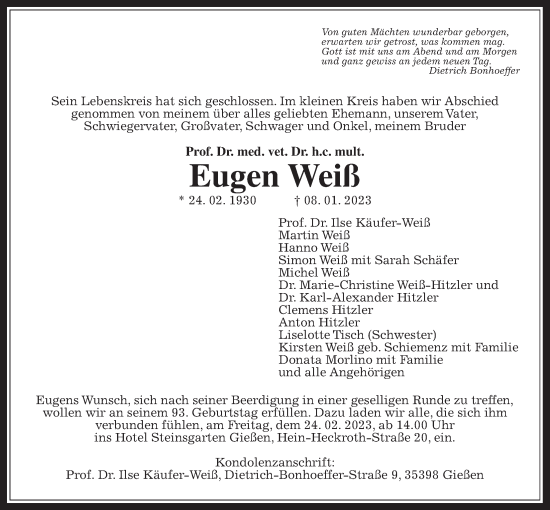 Traueranzeige von Eugen Weiß von Giessener Anzeiger, Giessener Allgemeine, Alsfelder Allgemeine