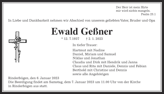 Traueranzeige von Ewald Geßner von Kreis-Anzeiger
