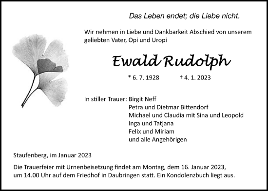 Traueranzeige von Ewald Rudolph von Giessener Anzeiger, Giessener Allgemeine, Alsfelder Allgemeine