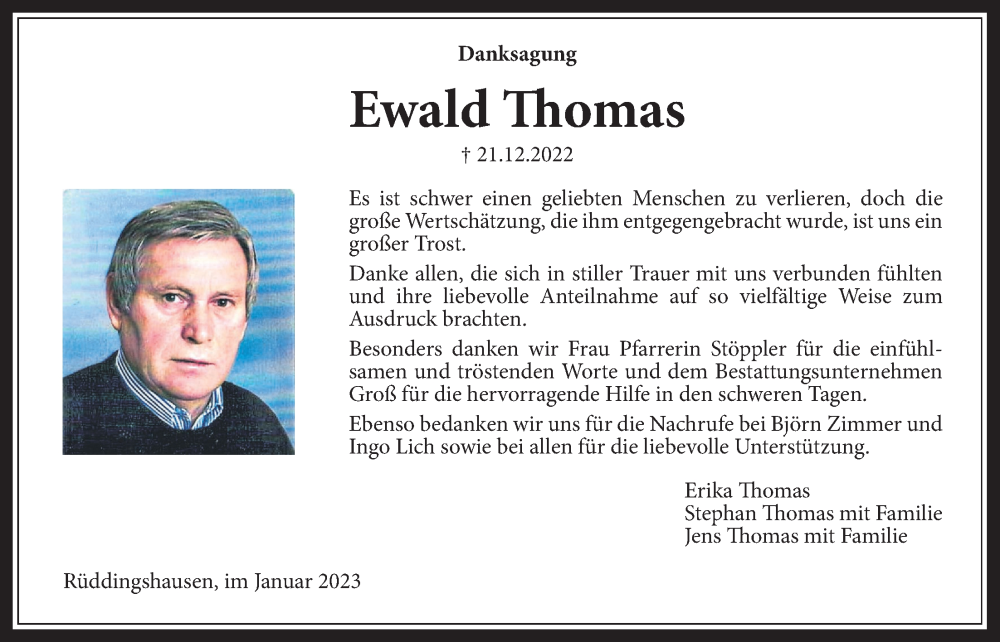  Traueranzeige für Ewald Thomas vom 19.01.2023 aus Giessener Allgemeine, Alsfelder Allgemeine, Rabenauer Zeitung