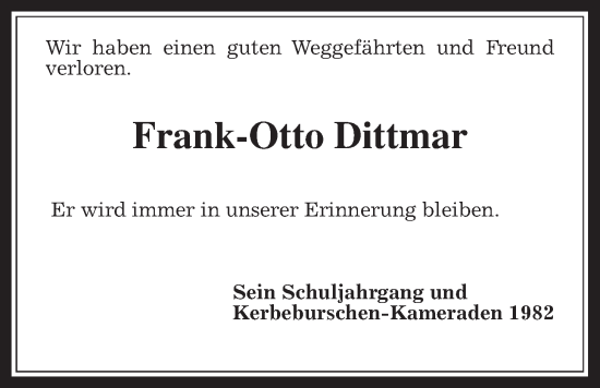 Traueranzeige von Frank-Otto Dittmar von Usinger Anzeiger