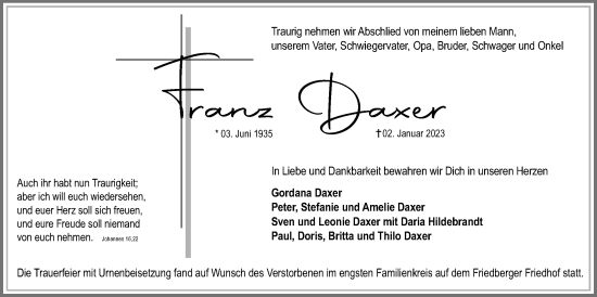 Traueranzeige von Franz Daxer von Wetterauer Zeitung