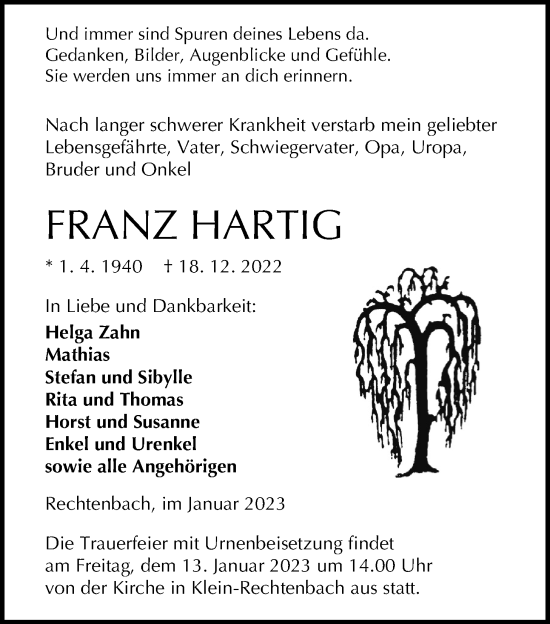 Traueranzeige von Franz Hartig von Giessener Allgemeine, Alsfelder Allgemeine