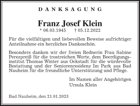 Traueranzeige von Franz Josef Klein von Wetterauer Zeitung