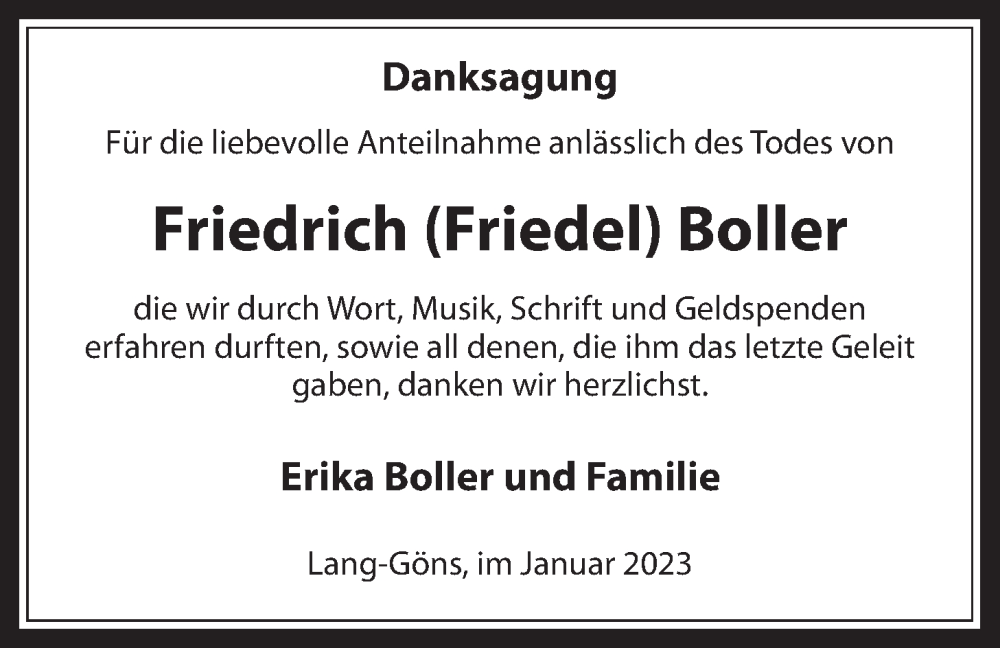  Traueranzeige für Friedrich Boller vom 21.01.2023 aus Giessener Allgemeine, Alsfelder Allgemeine, Giessener Anzeiger