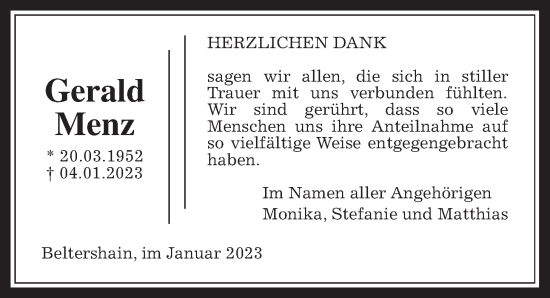 Traueranzeige von Gerald Menz von Giessener Allgemeine, Alsfelder Allgemeine