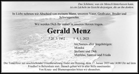 Traueranzeige von Gerald Menz von Giessener Allgemeine, Alsfelder Allgemeine