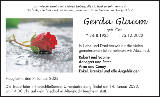 Traueranzeige von Gerda Glaum von Kreis-Anzeiger