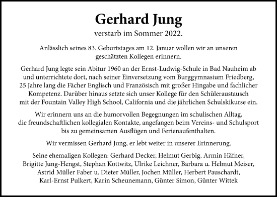 Traueranzeige von Gerhard Jung von Wetterauer Zeitung