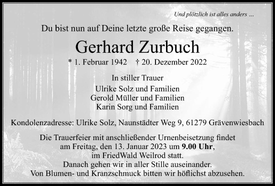 Traueranzeige von Gerhard Zurbuch von Usinger Anzeiger