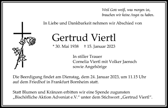 Traueranzeige von Gertrud Viertl von Bad Vilbel/Karben