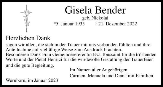 Traueranzeige von Gisela Bender 