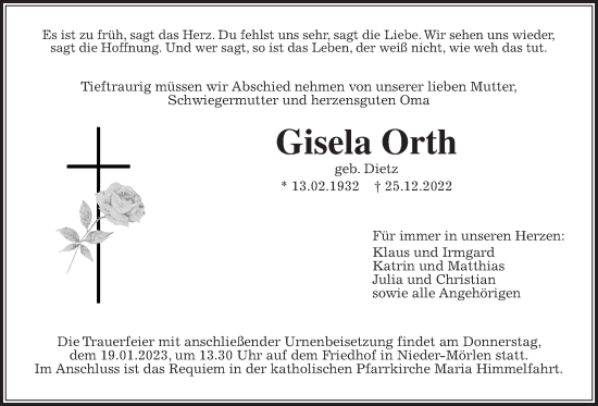 Traueranzeige von Gisela Orth von Wetterauer Zeitung