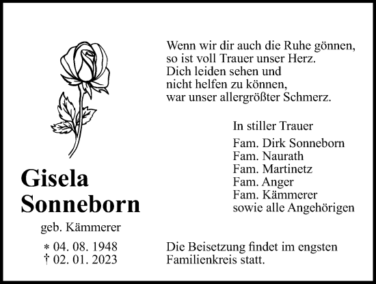 Traueranzeige von Gisela Sonneborn von Giessener Allgemeine, Alsfelder Allgemeine