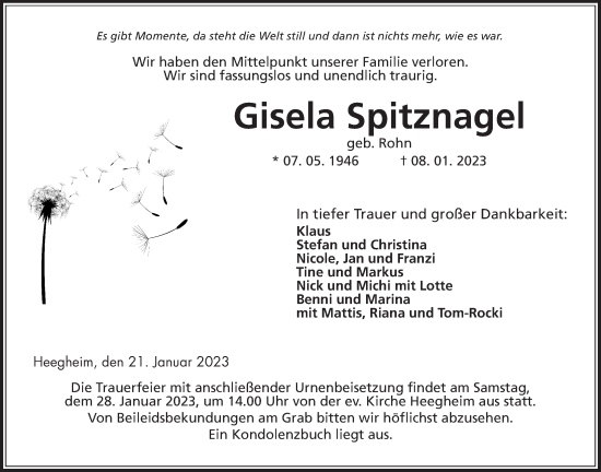 Traueranzeige von Gisela Spitznagel von Kreis-Anzeiger