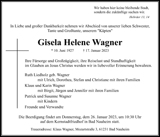 Traueranzeige von Gisela Helene Wagner von Wetterauer Zeitung