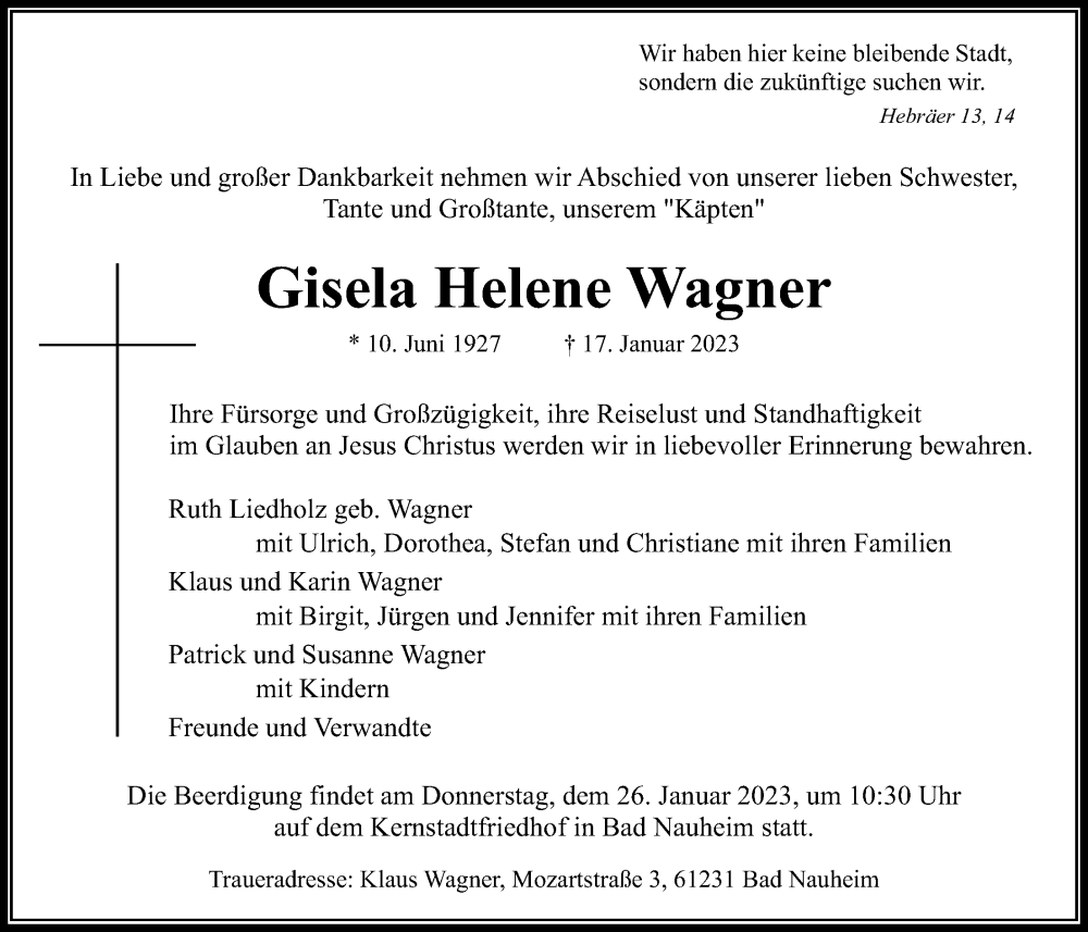  Traueranzeige für Gisela Helene Wagner vom 24.01.2023 aus Wetterauer Zeitung
