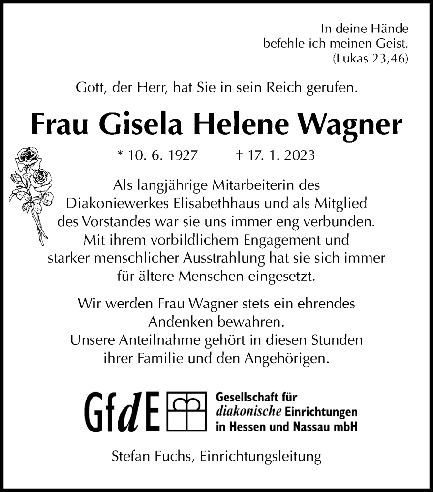  Traueranzeige für Gisela Helene Wagner vom 26.01.2023 aus Wetterauer Zeitung
