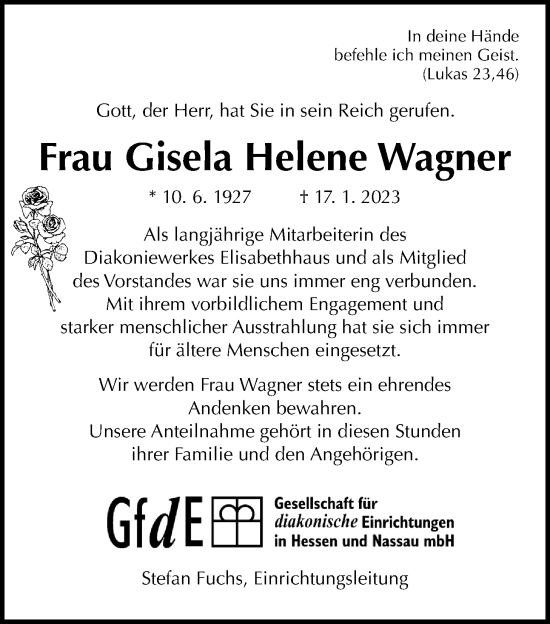 Traueranzeige von Gisela Helene Wagner von Wetterauer Zeitung