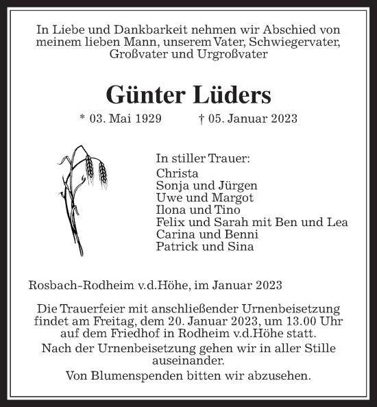 Traueranzeige von Günter Lüders von Wetterauer Zeitung