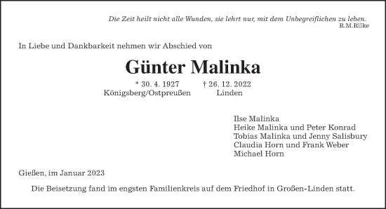 Traueranzeige von Günter Malinka von Giessener Anzeiger, Giessener Allgemeine, Alsfelder Allgemeine