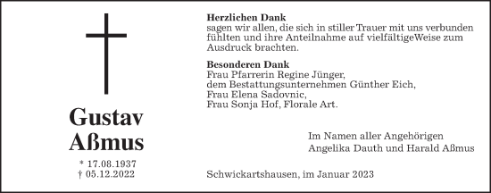 Traueranzeige von Gustav Aßmus von Kreis-Anzeiger