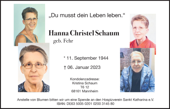 Traueranzeige von Hanna Christel Schaum von Wetterauer Zeitung, Wetterauer Zeitung, 