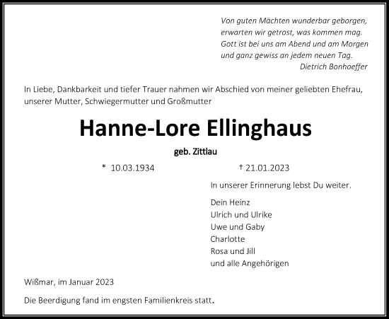 Traueranzeige von Hanne-Lore Ellinghaus von Giessener Anzeiger, Giessener Allgemeine, Alsfelder Allgemeine