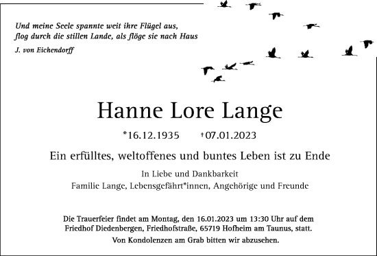 Traueranzeige von Hanne Lore Lange 