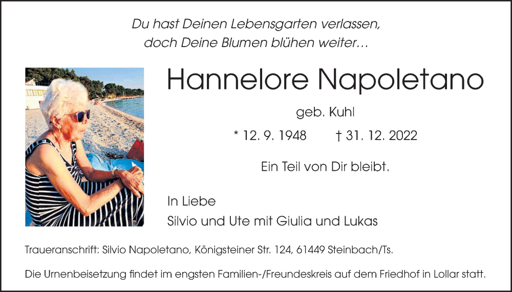  Traueranzeige für Hannelore Napoletano vom 07.01.2023 aus Giessener Allgemeine, Alsfelder Allgemeine