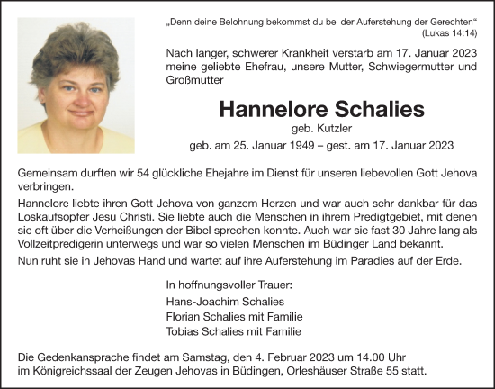 Traueranzeige von Hannelore Schalies von Kreis-Anzeiger
