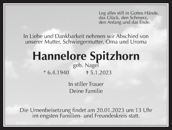 Traueranzeige von Hannelore Spitzhorn von Kreis-Anzeiger