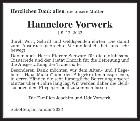Traueranzeige von Hannelore Vorwerk von Kreis-Anzeiger