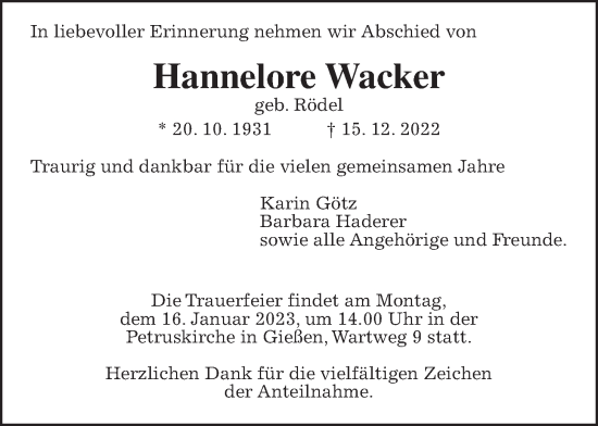 Traueranzeige von Hannelore Wacker von Giessener Allgemeine, Alsfelder Allgemeine, Wetterauer Zeitung, Giessener Anzeiger