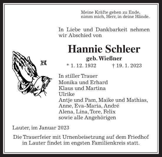 Traueranzeige von Hannie Schleer von Giessener Allgemeine, Alsfelder Allgemeine, Laubacher Anzeiger