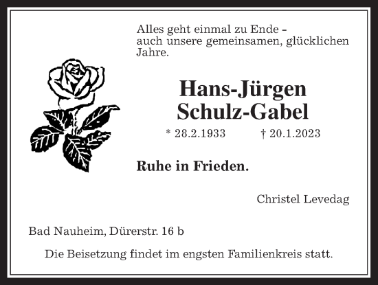 Traueranzeige von Hans-Jürgen Schulz-Gabel von Wetterauer Zeitung