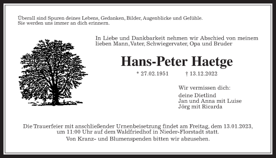 Traueranzeige von Hans-Peter Haetge von Wetterauer Zeitung