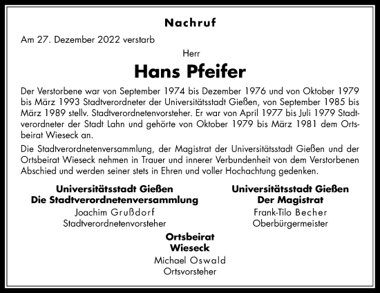 Traueranzeige von Hans Pfeifer von Giessener Anzeiger, Giessener Allgemeine, Alsfelder Allgemeine
