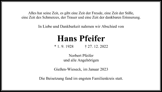 Traueranzeige von Hans Pfeifer von Giessener Allgemeine, Alsfelder Allgemeine, Giessener Anzeiger