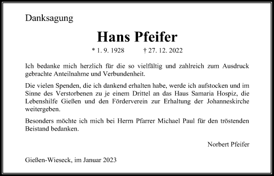 Traueranzeige von Hans Pfeifer von Giessener Allgemeine, Alsfelder Allgemeine, Giessener Anzeiger