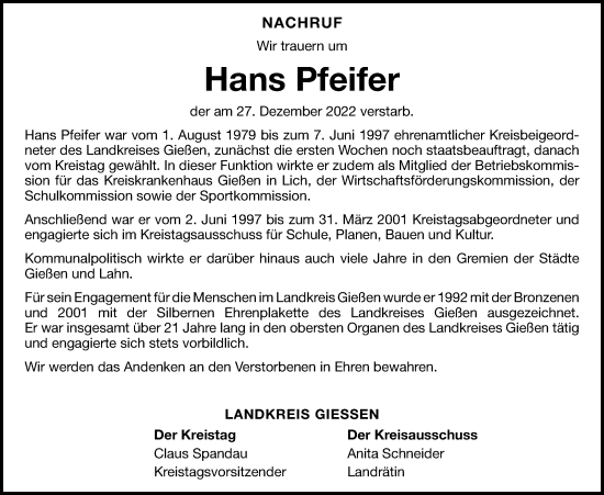 Traueranzeige von Hans Pfeifer von Giessener Anzeiger, Giessener Allgemeine, Alsfelder Allgemeine