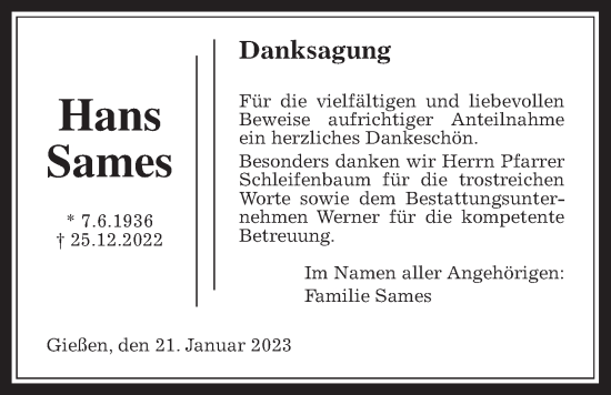 Traueranzeige von Hans Sames von Giessener Anzeiger, Giessener Allgemeine, Alsfelder Allgemeine